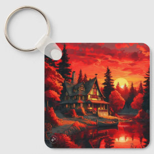 Zonsondergang Schilderen met Cottage en Lake-66633 Sleutelhanger