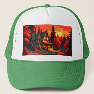 Zonsondergang Schilderen met Cottage en Lake-66633 Trucker Pet