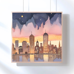 Zonsondergang Stadssilhouet Waterverfschilderij Poster