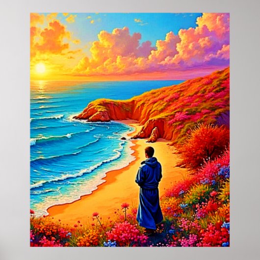 Zonsondergang Strand Eenzaamheid Sereniteit Design Poster (Voorkant)
