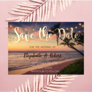 Zonsondergang Strand Huwelijk, Palmen, Lichtjes R Save The Date