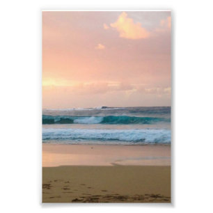 Zonsondergang strand met oceaan foto afdruk