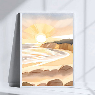 Zonsondergang Strand   Oceaan Aquarel Kust Poster