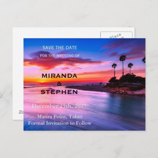 Zonsondergang strand sparen de datum aankondigingskaart (Voorkant / Achterkant)