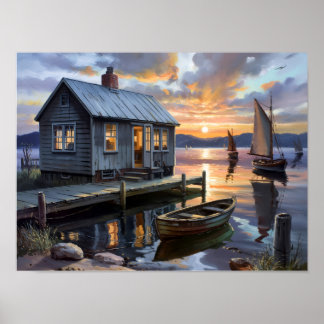 Zonsondergang Troost: Blokhut aan het Meer Poster
