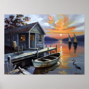 Zonsondergang Troost: Blokhut aan het Meer Poster