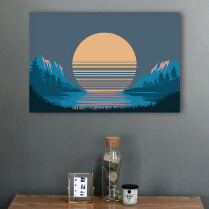 Zonsondergang tussen bergen en meer poster