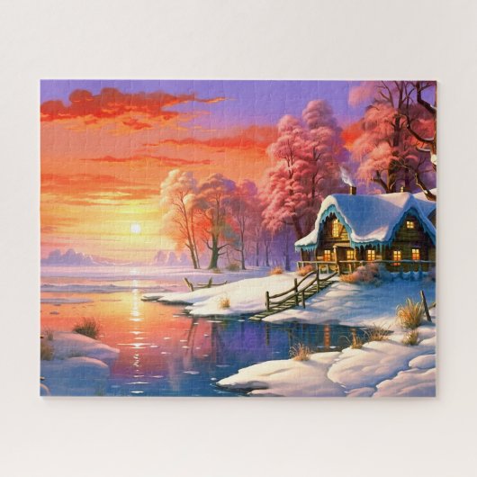 Zonsondergang Winter Sneeuw Natuur Kleurrijke Prin Legpuzzel (Horizontaal)