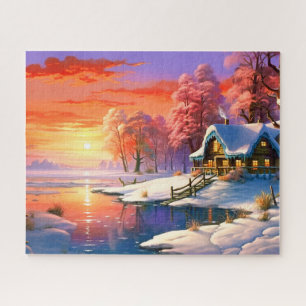 Zonsondergang Wintersneeuw Natuur Kleurrijke Print Legpuzzel