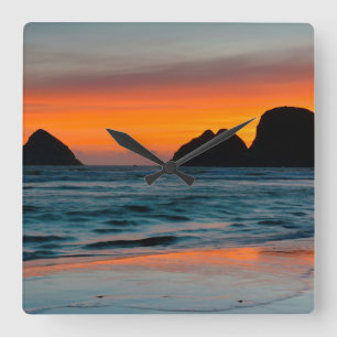 Zonsondergang, Zee Stapel, Oceanside, Oregon, Vere Vierkante Klok