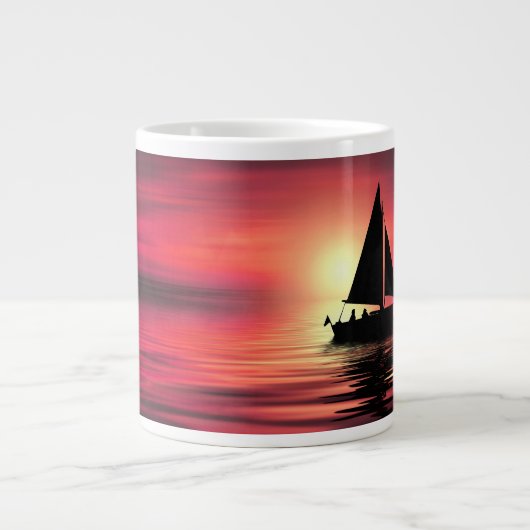 Zonsondergang, Zee, Zeilboot Extra Grote Beker (Voorkant)