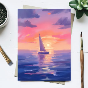 Zonsondergang Zeil Aquarel Pastel Paarse Schilderi Briefkaart