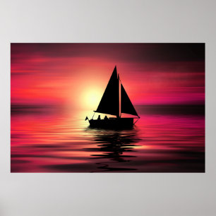 Zonsondergang, zeilboot in het Zee-39186 Poster