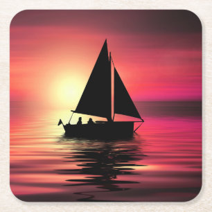Zonsondergang, zeilboot in het Zee-39186 Vierkante Kartonnen Onderzetter