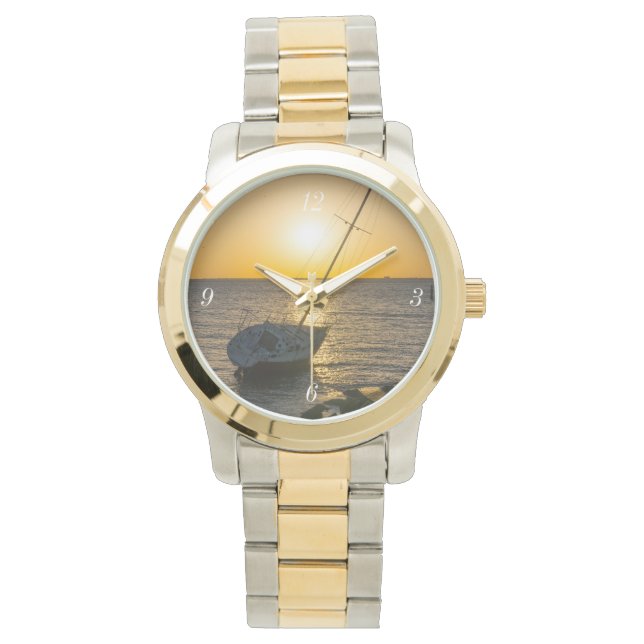 Zonsondergang Zeilboot Scheepswrak Golf Breeze Gol Horloge (Voorkant)