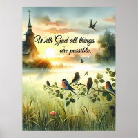Zonsondergangskerk met vogels in nevelige weide