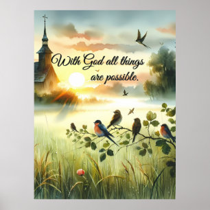 Zonsondergangskerk met vogels in nevelige weide poster
