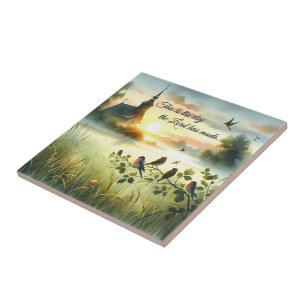 Zonsondergangskerk met vogels in nevelige weide tegeltje