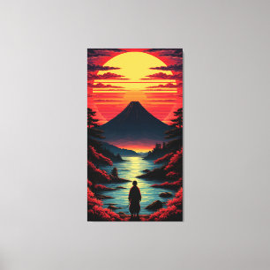 Zonsondergangsrivier met vulkaan canvas afdruk