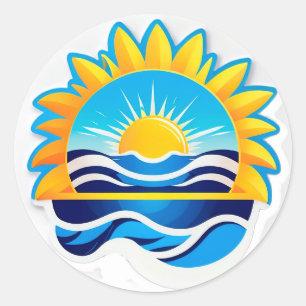 Zonsopgang boven oceaan golven embleem ronde sticker
