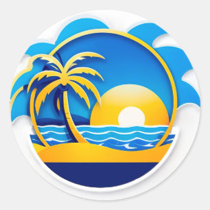 Zonsopgang boven oceaan golven embleem ronde sticker