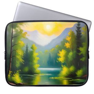 Zonsopgang over besneeuwde bergen en meer laptop sleeve