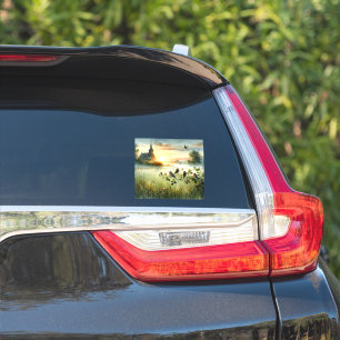 Zonsopgangskerk met Vogels in Nevelig Weiland Geen Sticker