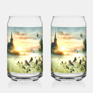 Zonsopgangskerk met vogels in nevelige weide Geen Blikvorm Glas