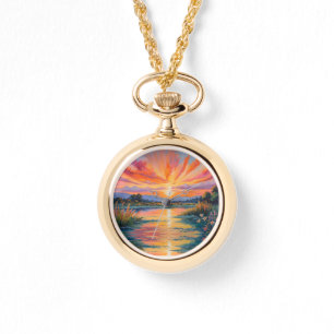 Zonsopkomst bij de vijver waterverf horloge