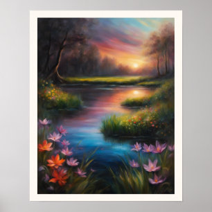 Zonsopkomst bij een Wildflower Meadow Kleurrijke R Poster