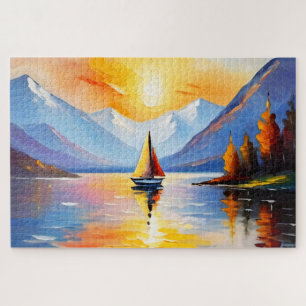 Zonsopkomst boven een meer en besneeuwde bergen legpuzzel