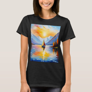 Zonsopkomst boven een meer en besneeuwde bergen t-shirt