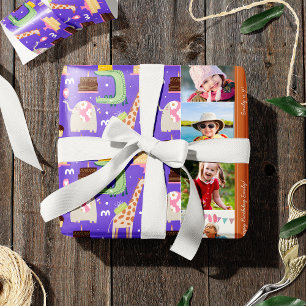 Zoo Animal Pattern Paars Happy Birthday Foto Cadeaupapier
