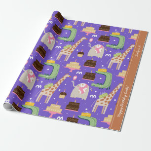 Zoo Animal Pattern Paars Happy Birthday met tekst Cadeaupapier