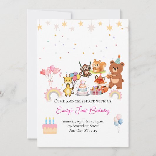 Zoo animals cute first birthday invitation (Devant)