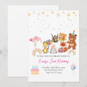 Zoo animals cute first birthday invitation (Devant / Derrière)