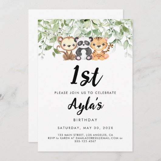 Zoo Animaux 1er Anniversaire Invitation (Devant / Derrière)