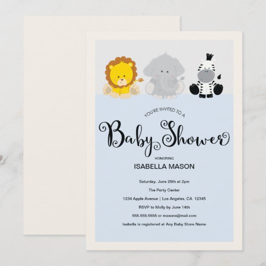 Zoo Animaux Invitation Baby shower (Devant / Derrière)