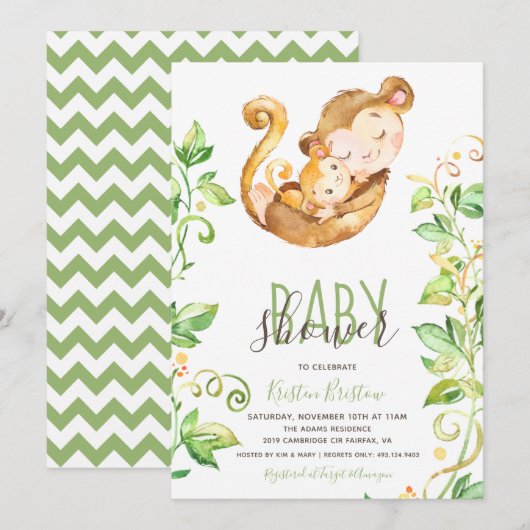 Zoo de singe Animal Green Baby shower Invitation (Devant / Derrière)