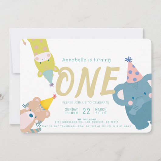 Zoo Dieren Olifant Gold Glitter 1e Verjaardag Kaart (Voorkant)