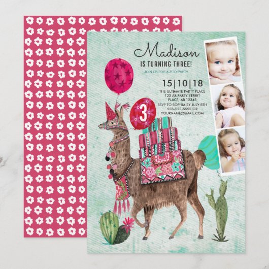 Zoo Party Birthday | Llama | Uitnodigingen (Voorkant / Achterkant)
