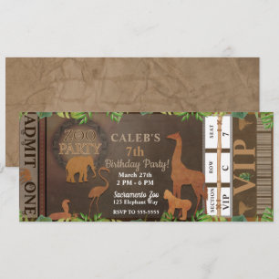 ZOO PARTY Bruine Dieren Verjaardagsfeest Ticket Kaart