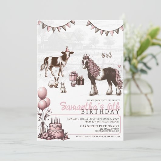 Zoo Pink Petch Anniversaire Fête Invitation (Debout devant)