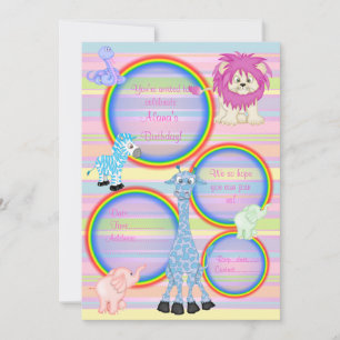 ZOO RAINBOW PARTIJ INVITATIE PINK stripe Kaart