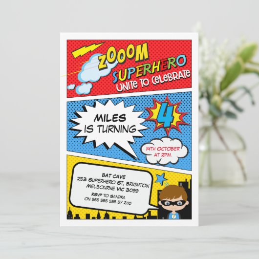 Zoom Comic Superhero 4e Invitation anniversaire (Debout devant)