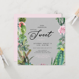 Zoom Virtual Cactus Roze & Grijs Sweet 16 Verjaard Kaart