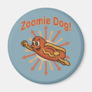 Zoomie Dog Flying Hot Dog Cartoon – Leuke retro Magneet