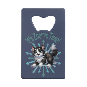 Zoomie Time Schattige Black & White Cat Kredietkaart Flessenopener