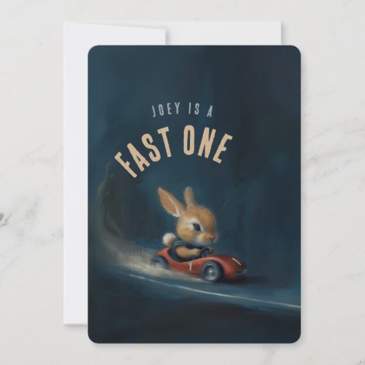 Zooming Bunny - uitnodiging voor het eerste verjaa (Voorkant)