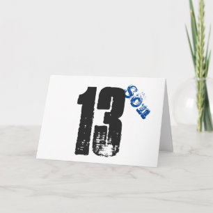 Zoon 13e verjaardag, wit, blauw en zwart. kaart